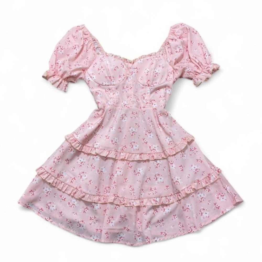 Cottagecore mini dress Ditsy Floral Puff Sleeve Tiered with ruffles Pink Size M
